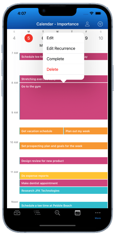 This image shows the Calendar - Day View on an iPhone 14 Plus. For one task, the Task Menu Options is shown with options to edit, complete, or delete the task from within the calendar.