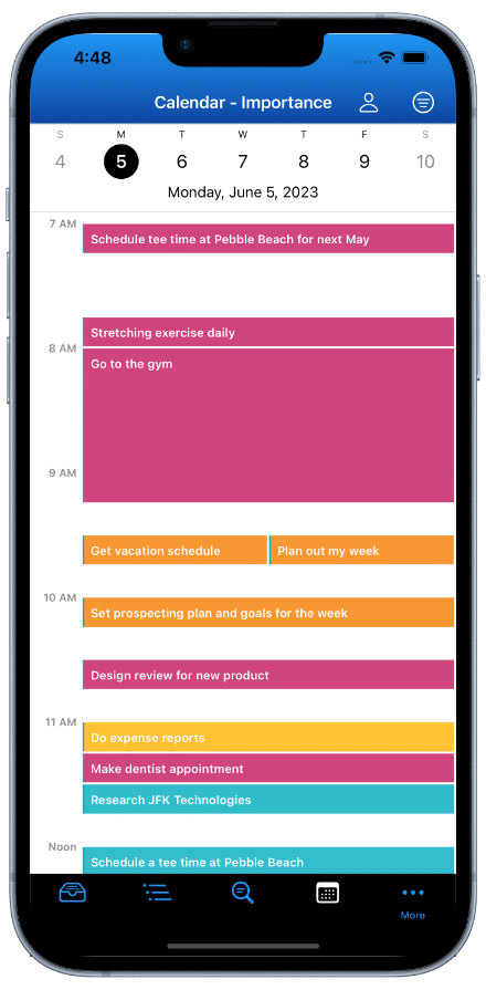 IdeasToDone is the best to-do list, task management, and planner app for Macs, iPads, and iPhones. This image shows the in-app Calendar with a view of the day's scheduled tasks with color-coded priority levels on an iPhone.