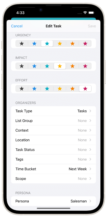 You can set a number of settings for a task such as date & time, priorities, organizers and more. This image shows some of the priority settings as well as several settings for Task Organizers on an iPhone.