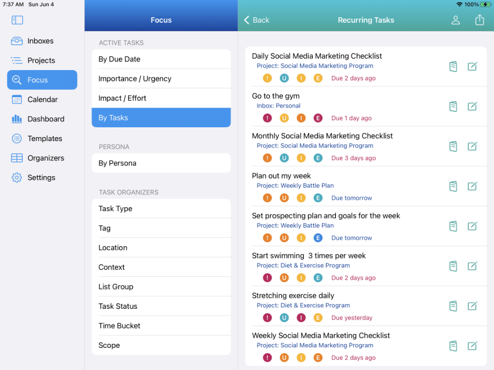 Smart Lists are designed to help you efficiently review, manage, and work through your tasks. This image shows a Smart List of all Recurring Tasks. You can start working on them, reschedule them individually or delete them.