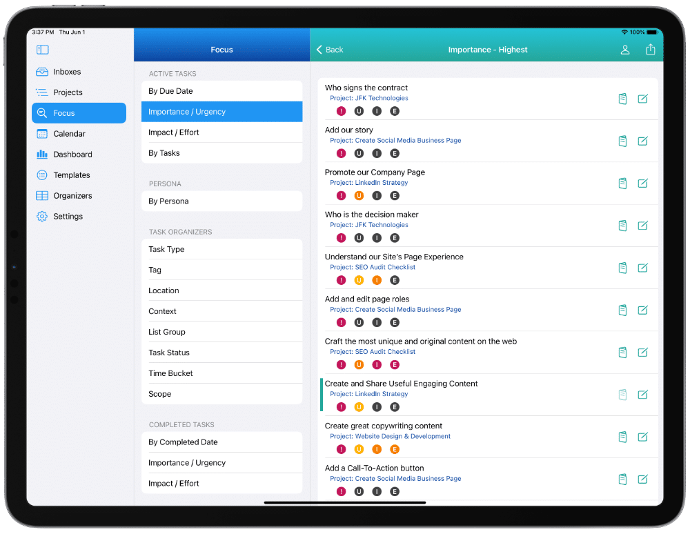 This image shows Focus View on iPad Pro. A Smart List of Tasks with the Highest Importance is shown.