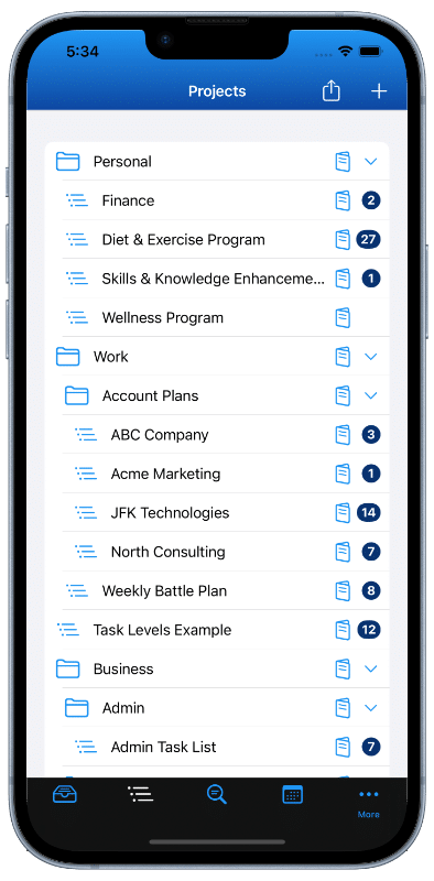 This image shows IdeasToDone's Project Directory on an iPhone 14 Plus. The Project Directory has unlimited levels of Project Folders and Sub-Folders to organize all of your project lists. You can create and manage as many projects as you'd like in IdeasToDone.