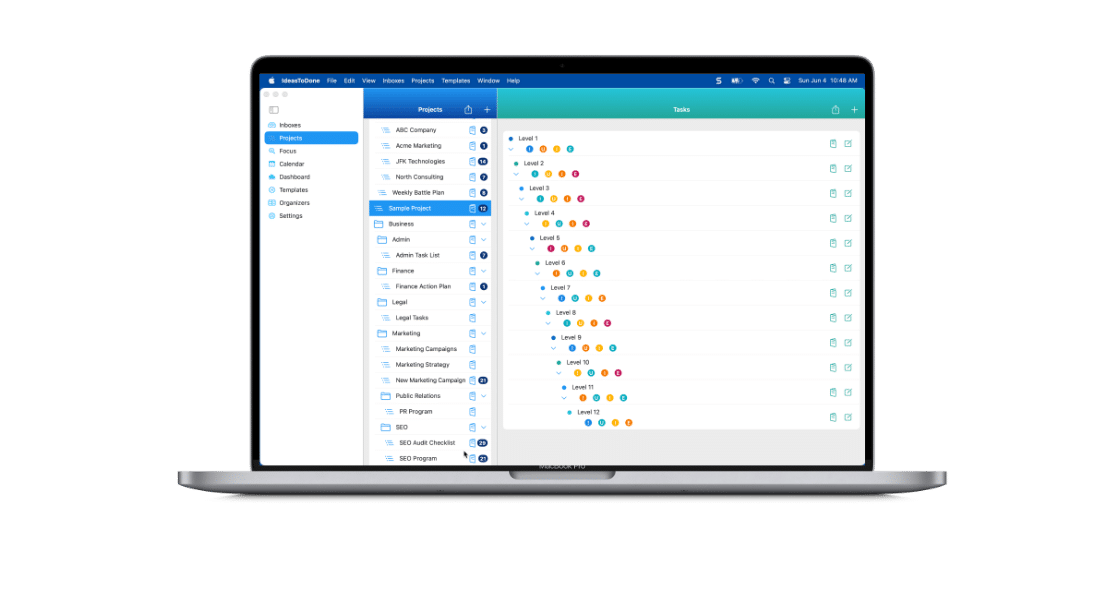 IdeasToDone is the best to-do list app for Mac. This image shows the Projects view on a MacBook Pro. There is a sample project selected showing 12 nested levels of tasks and sub-tasks.