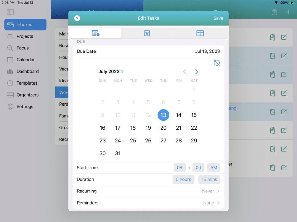 Multi-Edit that adds a Due Date for the 3 selected tasks on iPad in Light Mode
