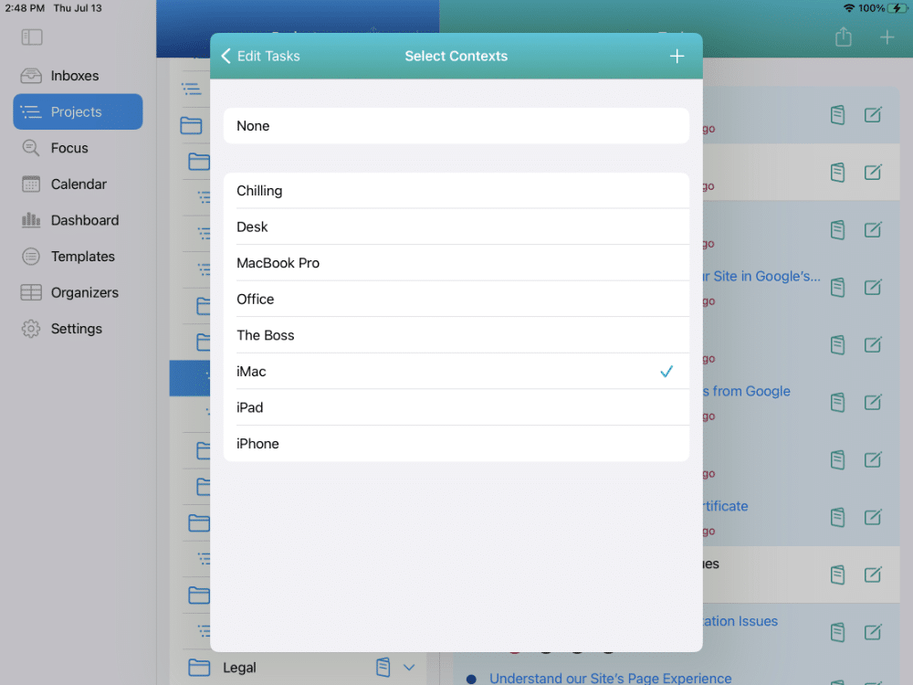 Nine Project tasks selected showing Multi-Edit for Context of Computer on iPad in Light Mode