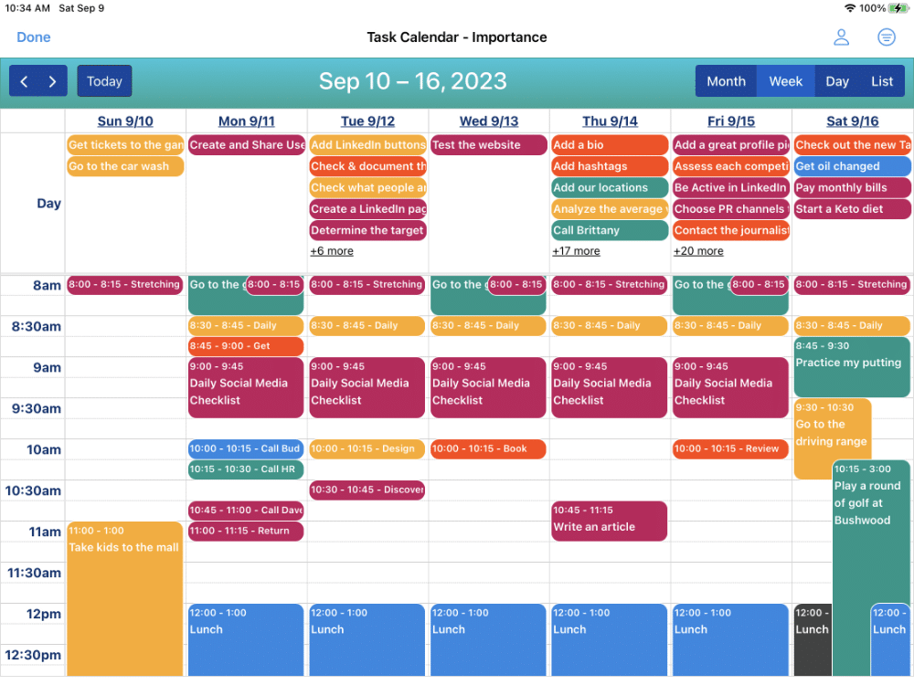 This screenshot shows the in-app Calendar with the Week View. The tasks are color-coded by priority level. Tasks can be edited, completed, and deleted right in the Calendar. Tasks can be rescheduled using drag & drop.