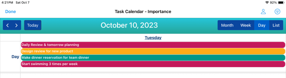 This screenshot shows the in-app Calendar with the Month View. The tasks are color-coded by priority level. Tasks can be edited, completed, and deleted right in the Calendar. Tasks can be rescheduled using drag & drop.