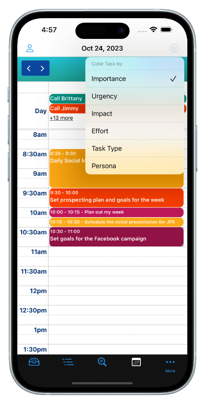 This image shows the Calendar - Day View on an iPhone 14 Plus. The Priority Display Option is shown with options to color-code each task based on the priority type (Importance, Urgency, Impact, Effort) chosen.