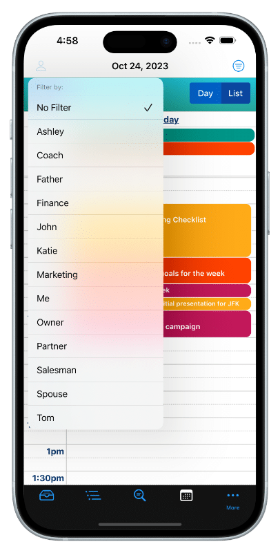 This image shows the Calendar - Day View on an iPhone 14 Plus. The Persona Filter is shown to filter the calendar tasks to only those with the particular filter chosen.