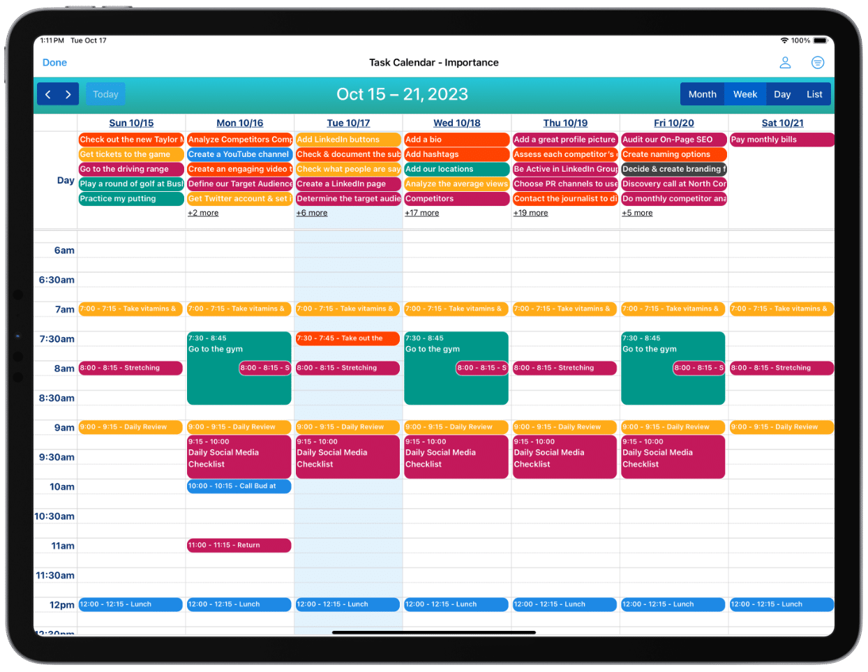 This image shows the in-app Calendar with the Week View on iPad Pro.
