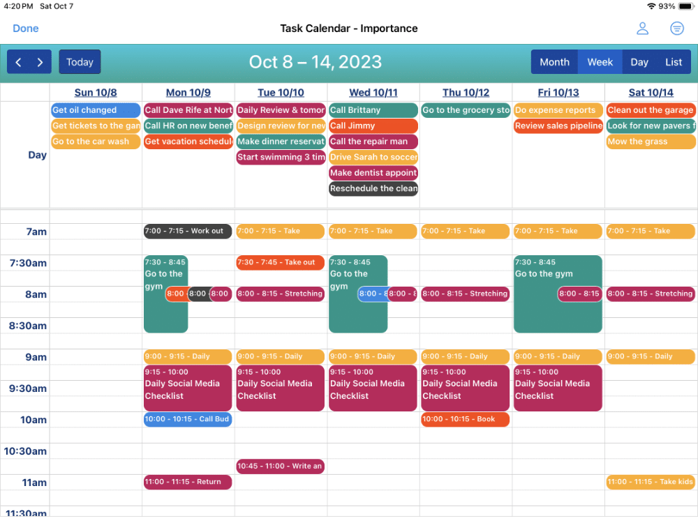 The in-app Calendar has 4 different views - Month, Week, Day, and List. This is the Week View and shows your tasks across each day of the week. The tasks are color-coded to show the priority level of each task. You can quickly assess what your workload looks like.