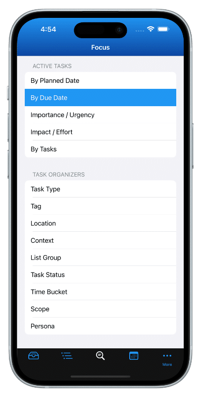 This image shows the Focus View and Smart List Directory on iPhone. There are over 100 Smart Lists you can access quickly with a simple tap or click or two. Smart Lists are great for reviewing, managing, and working through your tasks with more focus.