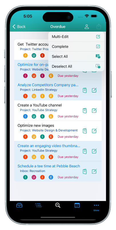 This image shows a Smart List of Overdue Tasks on an iPhone. 4 Tasks have been selected in preparation for a Multi-Edit. The Action Menu is displayed with the option to choose Multi-Edit.