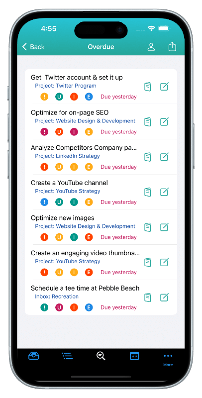 This image shows a Smart List of tasks with the highest importance on iPhone. Smart Lists are great for reviewing, managing, and working through your tasks with more focus. You can edit these tasks one at a time or by using Multi-Edit to more the same type of update to all the tasks you select.