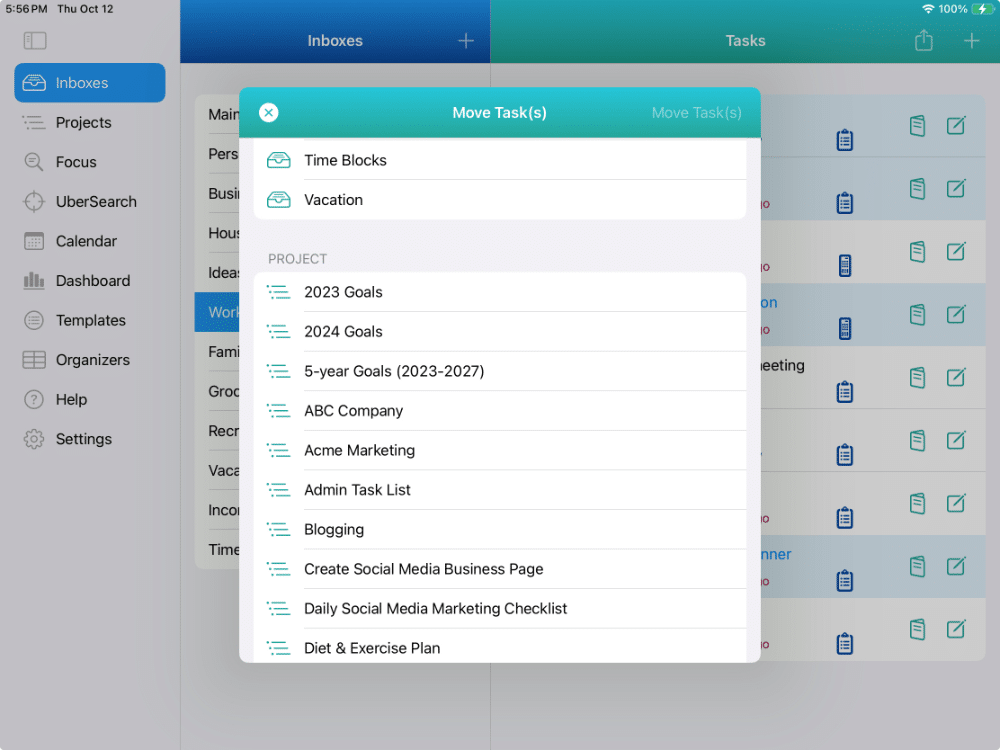 Inboxes - Work Inbox with 3 Tasks selected and Move Tasks choices shown on iPad in Light Mode
