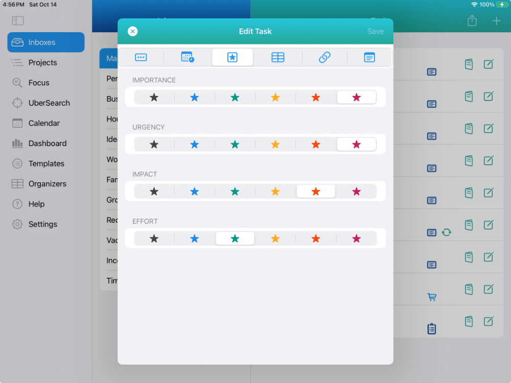 IdeasToDone is the best app for task management that you'll find. This screenshot shows a Smart List of Tasks with No Importance. Four of those tasks are selected. After the Multi-Edit is chosen, the Edit Task window appears and High Importance is chosen for tasks.