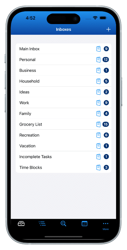 This image shows the Inbox Directory on iPhone. You can have an unlimited number of Inboxes you can organize for different areas of your life. Inboxes are great for simple lists, to-do's, random tasks, ideas, and more.