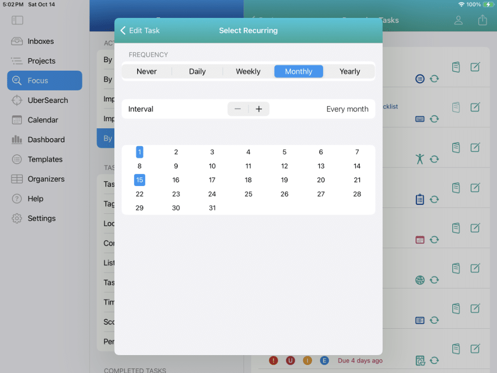 Setting recurring task to pay bills once per month on the 25th on iPad in Light Mode