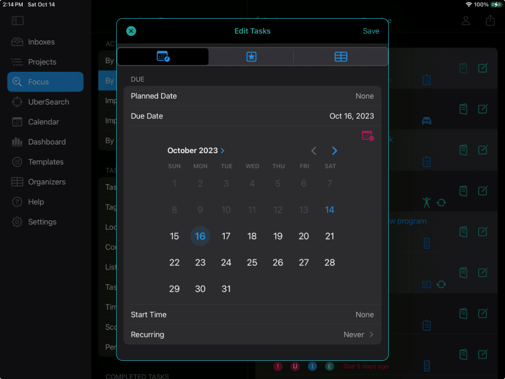 This screenshot is of Focus View in Dark Mode. Several tasks have been selected for a Multi-Edit, and the Edit Task window shows the dates section.