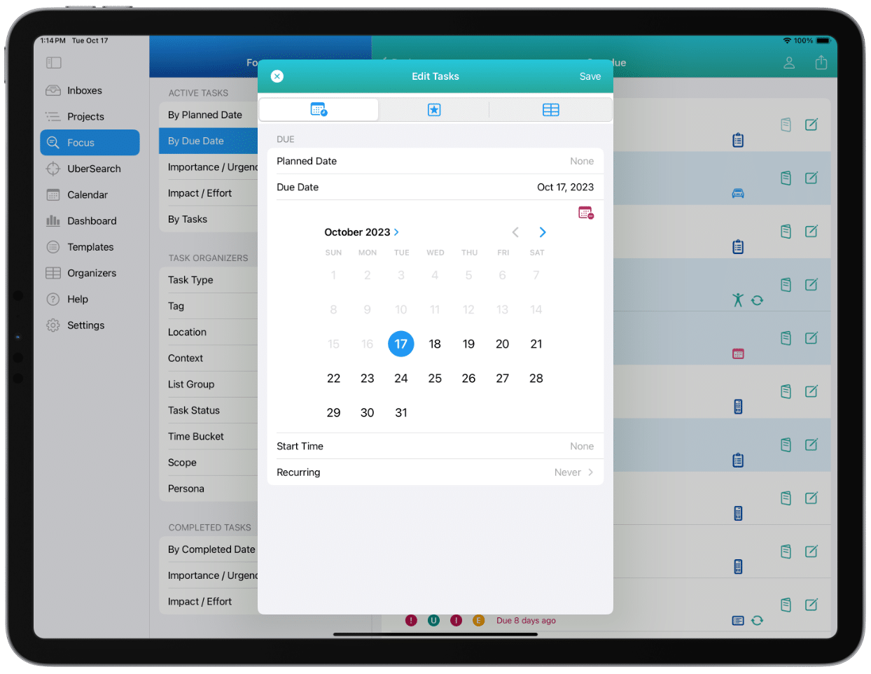 This image shows Focus View on iPad Pro in Light Mode. There is a Smart List of Overdue Tasks with 4 tasks selected. Multi-Edit was chosen and the Edit Task window shows a date change for those tasks.