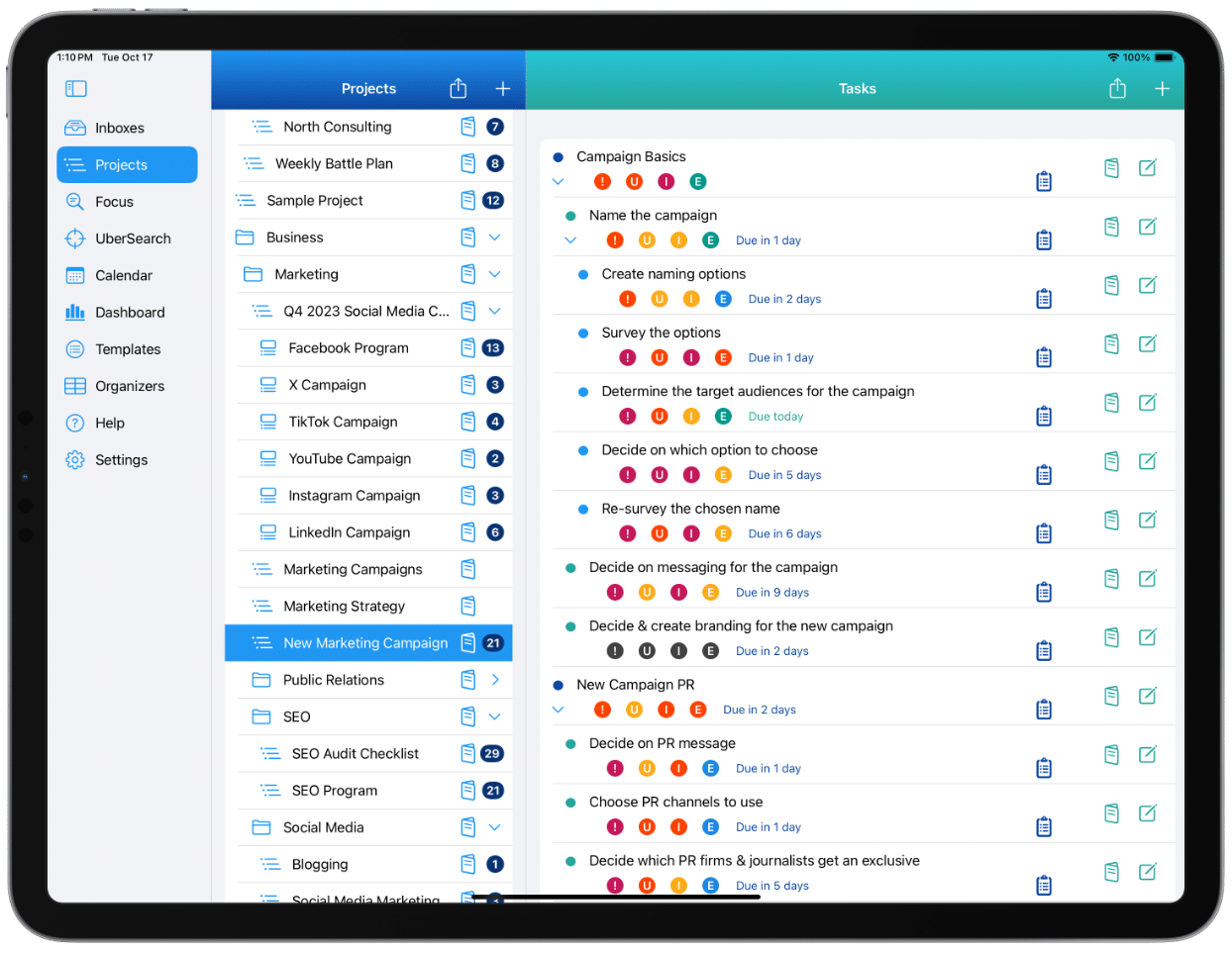 This image shows the Projects View on an iPad Pro. A project is selected with multiple nested levels of tasks and sub-tasks on an iPad Pro.