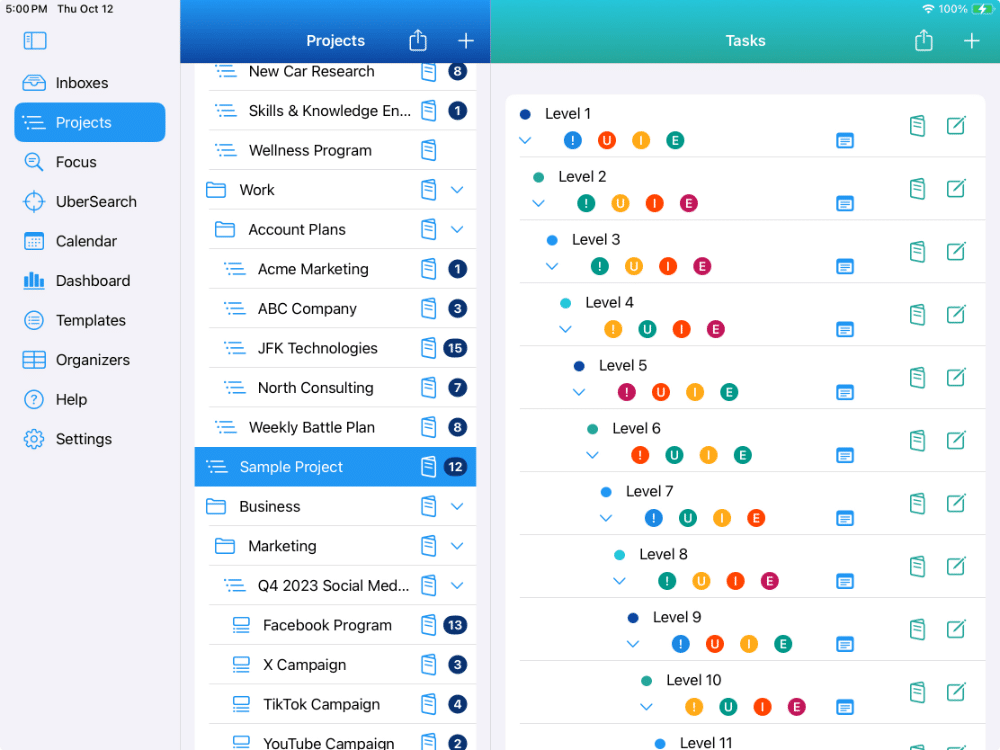 Project showing the hierarchy of a project with 12 nested levels of tasks and sub-tasks on an iPad