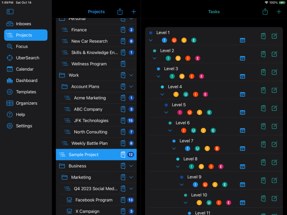 This screenshot shows the Projects View in Dark Mode. The project shown has 12 nested levels of tasks and sub-tasks, and a variety of priority settings.