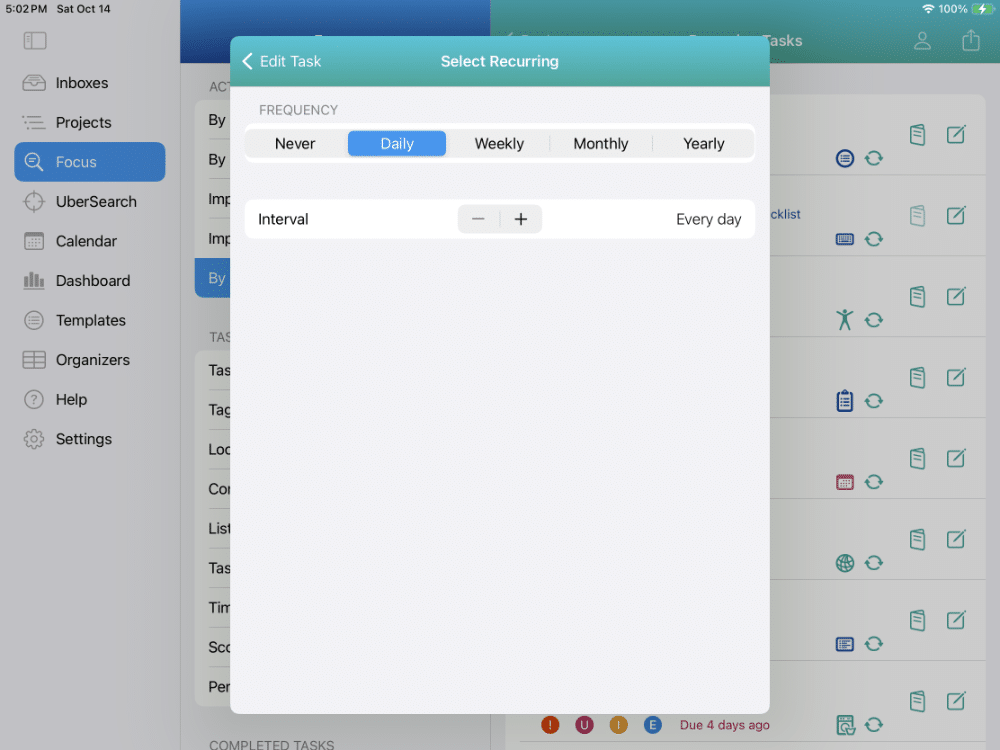Setting recurring task for once per day on iPad in Light Mode