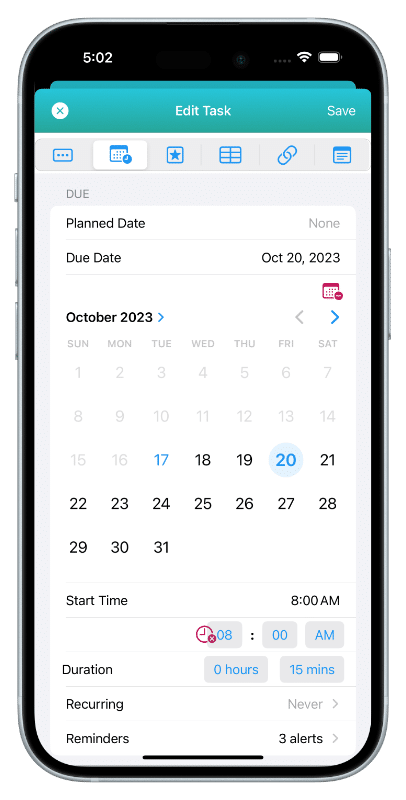 This image shows the Edit Task window on iPhone. The Task Description and Dates Section are shown including the Date Picker.
