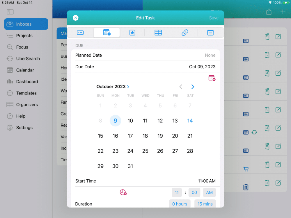 The Task Editor lets you quickly add or modify dates, priorities, organizers, notes, and links. It also lets you set up recurring tasks and reminders.