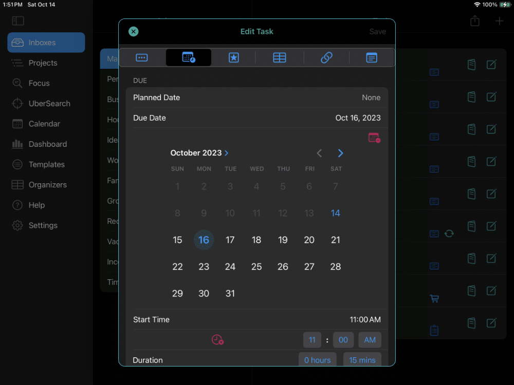 This screenshot shows a Project with the Edit Task window open with the dates and priorities section in Dark Mode. A due date and start time is set, and importance, urgency, and impact are set to Highest.