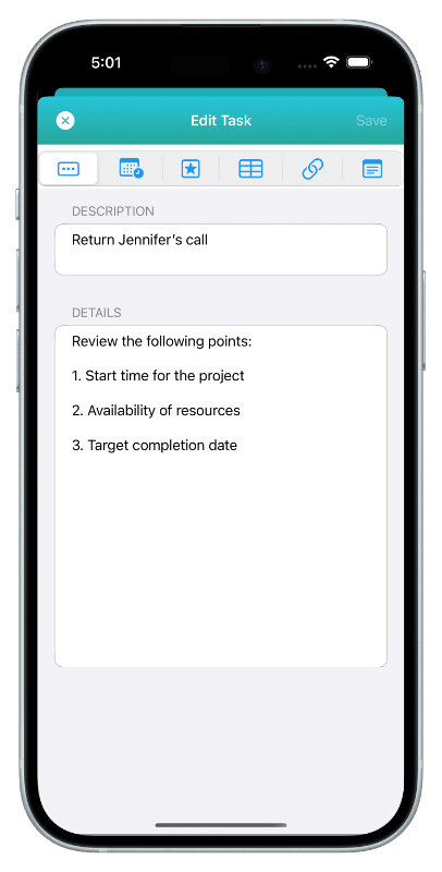 This image shows the Edit Task window on iPhone. This shows the Notes section, where you can put extensive notes for the task.
