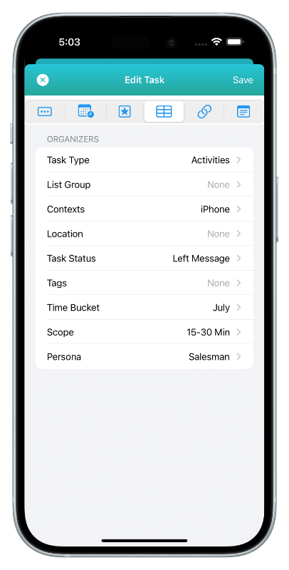 This image shows the Edit Task window on iPhone. The Organizers Section, as well as the Web Link and Notes Section, are shown. Organizers (such as Task Type, List Group, Context, Location, Task Status, Tags, Time Bucket, Scope, and Persona) can be selected from a pop-up list with a simple tap or click.