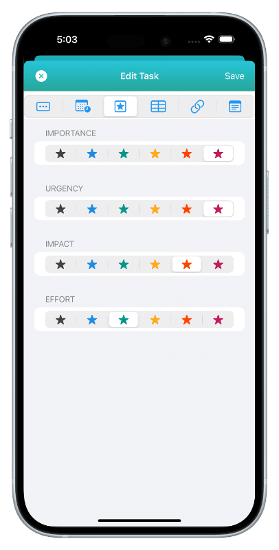This image shows the Edit Task window on iPhone. The Dates Section and Priorities Section are shown. Priorities (such as Importance, Urgency, Impact, and Effort) and the desired priority level can be selected with a simple tap or click.