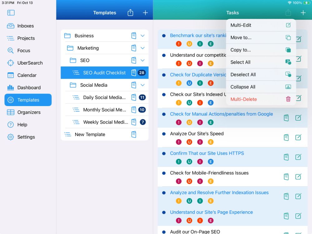 Templates - showing several tasks selected with Action Menu on iPad in Light Mode
