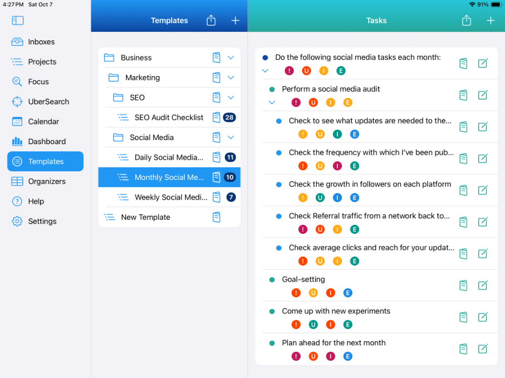 Template with multiple task levels on iPad in Light Mode