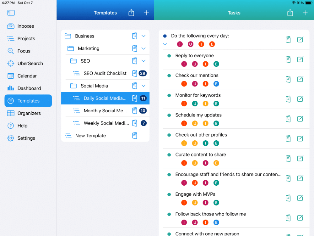 Templates - SEO Checklist with several tasks with Add Task Menu on iPad in Light Mode
