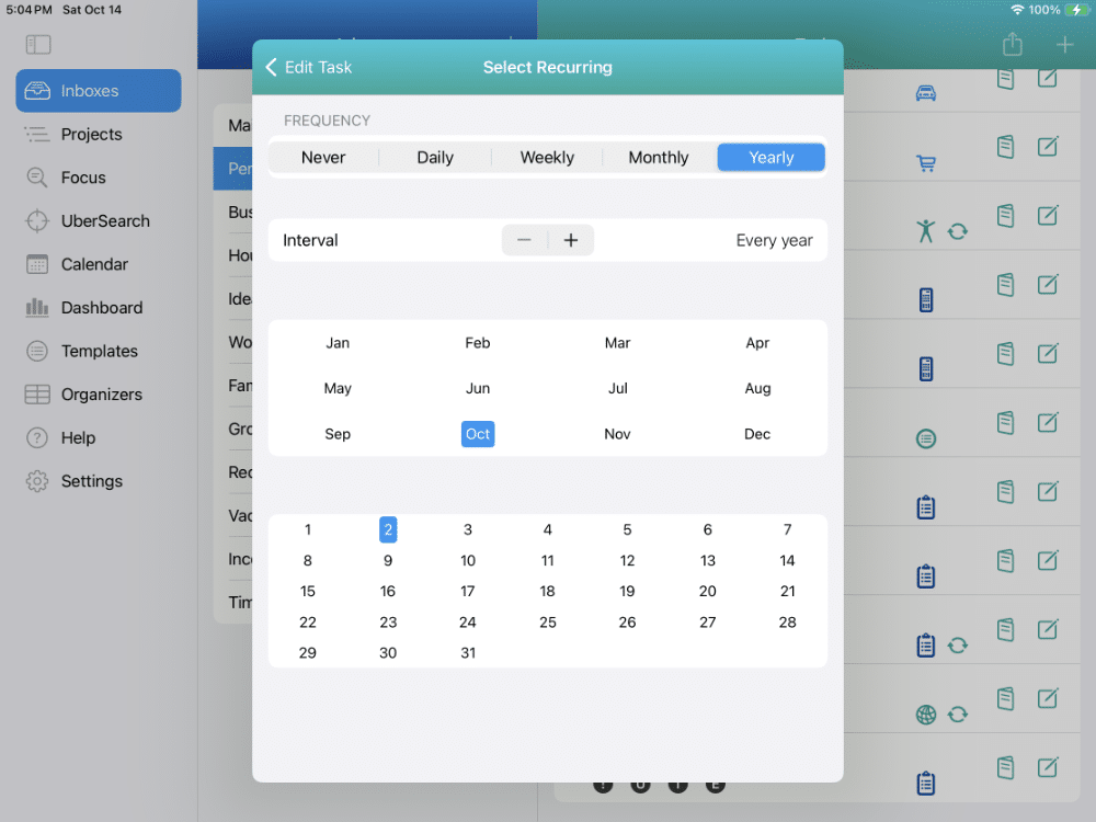 Setting recurring task for once per year on March 1 on iPad in Light Mode